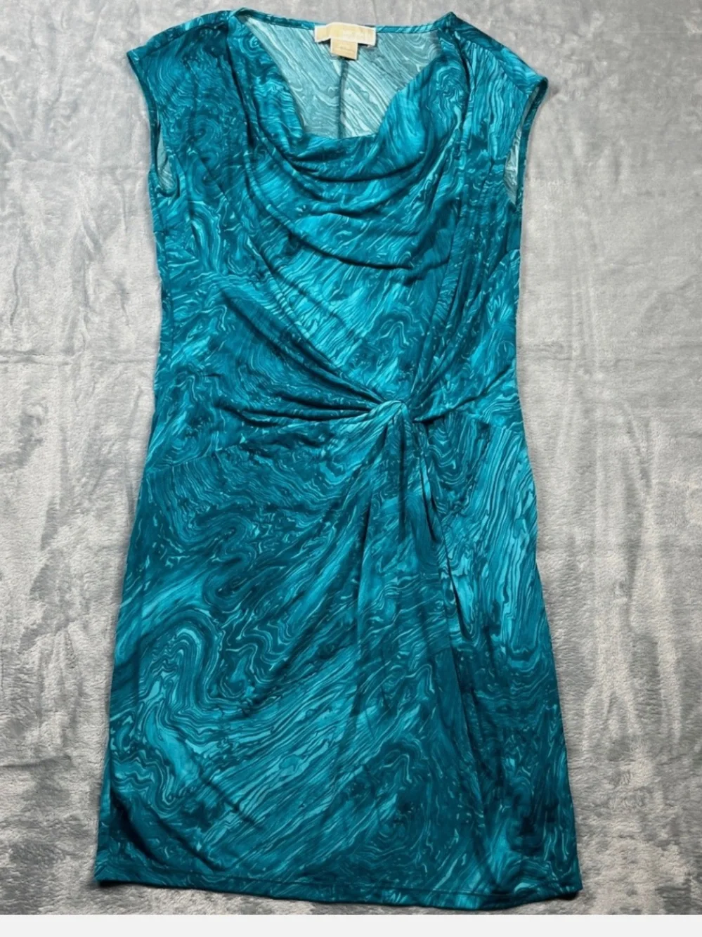 Michael Kors Womens Teal Marble Print Ruched Draped Twist Front Midi Dress PS